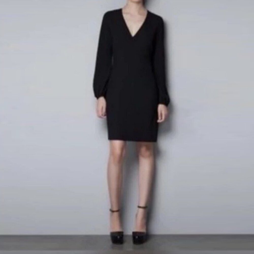 NWT New Zara Black Long Sleeves V-Neck Mini Dress Size M